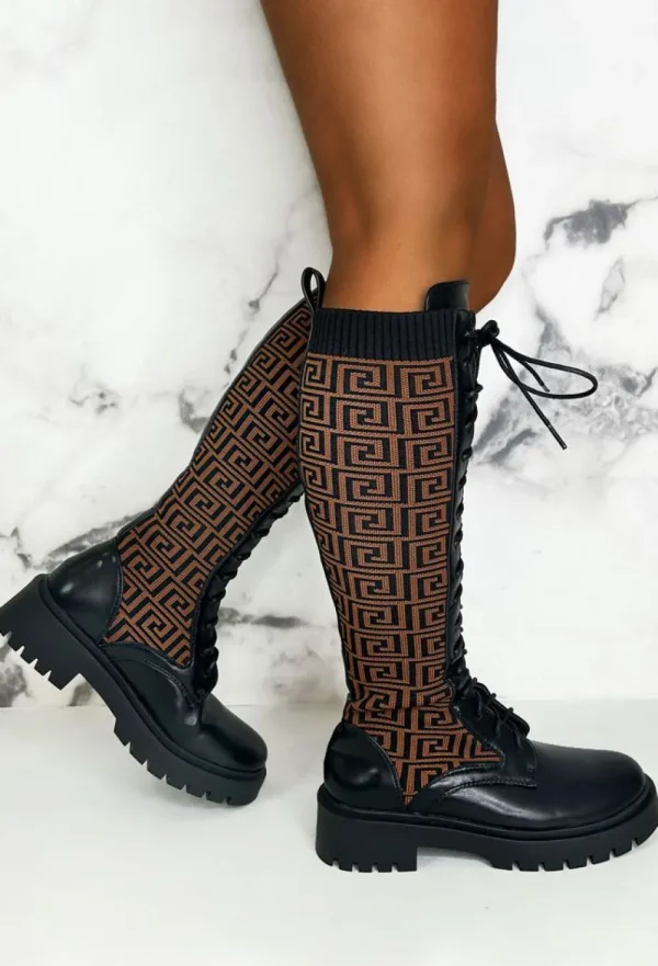 IDEAL SHOES Quite Obsessed Black Knitted Geometric Lace Up Knee High Boots<Women Boots