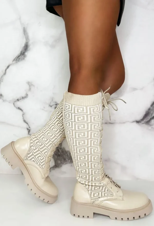 IDEAL SHOES Quite Obsessed Cream Knitted Geometric Ankle Knee Boots<Women Boots