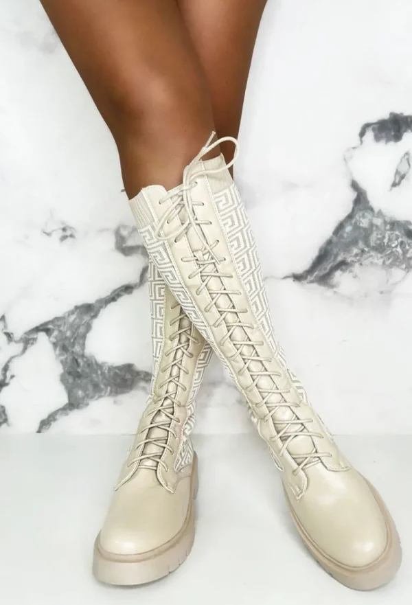 IDEAL SHOES Quite Obsessed Cream Knitted Geometric Ankle Knee Boots<Women Boots