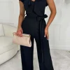 SOFT TOUCH Radiant Senorita Black Wrap Over Ruffle Wide Leg Belted Jumpsuit<Women Jumpsuits