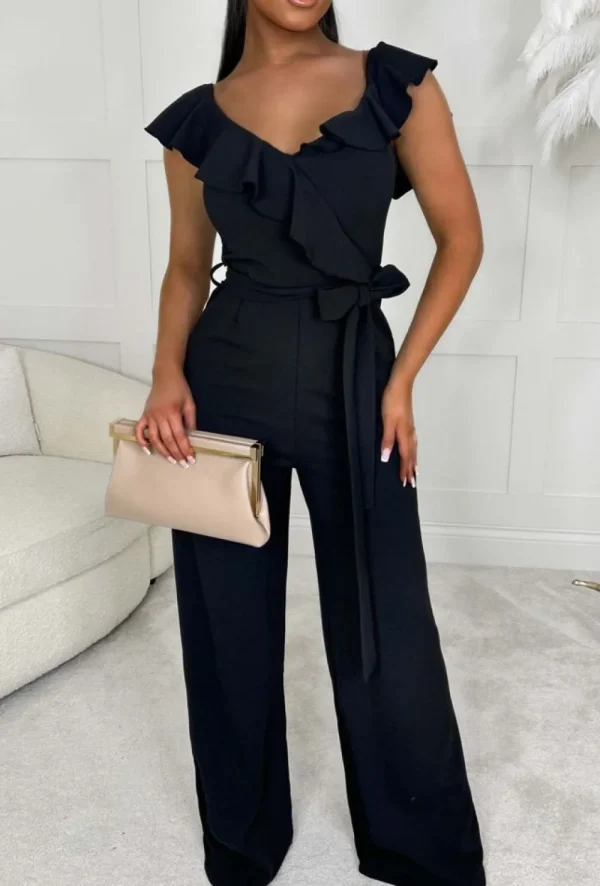 SOFT TOUCH Radiant Senorita Black Wrap Over Ruffle Wide Leg Belted Jumpsuit<Women Jumpsuits