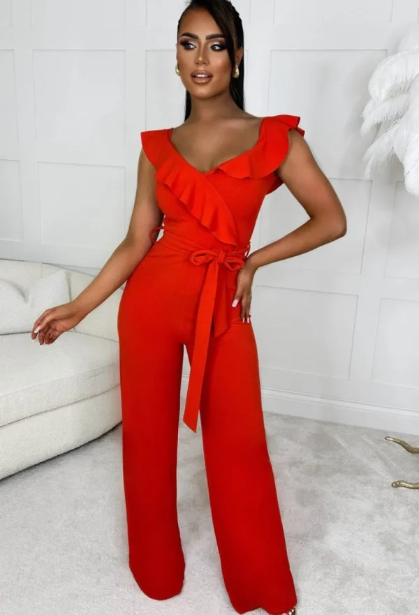 SOFT TOUCH Radiant Senorita Orange Wrap Over Ruffle Wide Leg Belted Jumpsuit<Women Jumpsuits