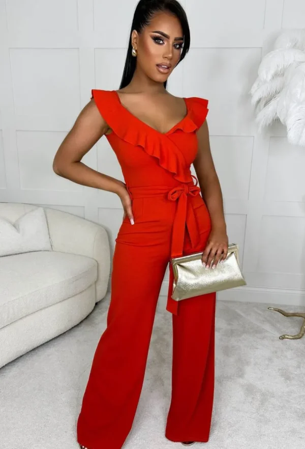 SOFT TOUCH Radiant Senorita Orange Wrap Over Ruffle Wide Leg Belted Jumpsuit<Women Jumpsuits