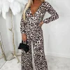 SOFT TOUCH Rebel Radiance Leopard Wrap Over Long Sleeve Wide Leg Belted Jumpsuit<Women Jumpsuits