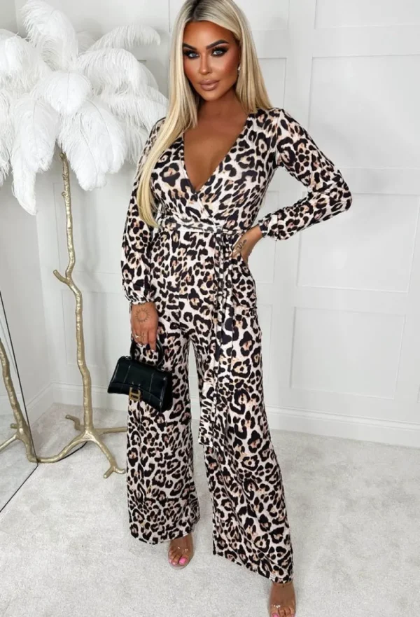 SOFT TOUCH Rebel Radiance Leopard Wrap Over Long Sleeve Wide Leg Belted Jumpsuit<Women Jumpsuits