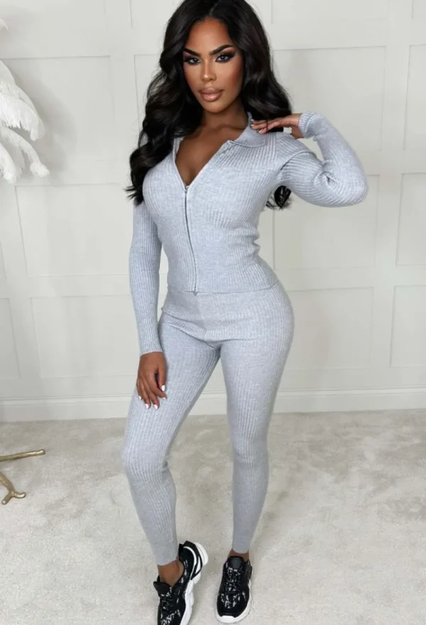 L8 VANESSA NUCCI Relaxed Luxe Grey Two Piece Knitted Rib Zip Loungewear Set<Women Loungewear