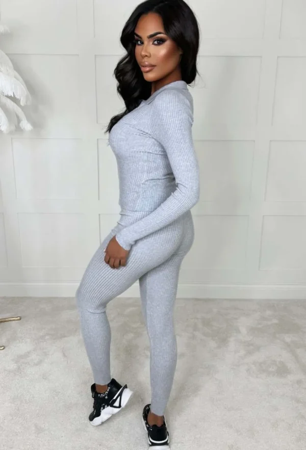 L8 VANESSA NUCCI Relaxed Luxe Grey Two Piece Knitted Rib Zip Loungewear Set<Women Loungewear