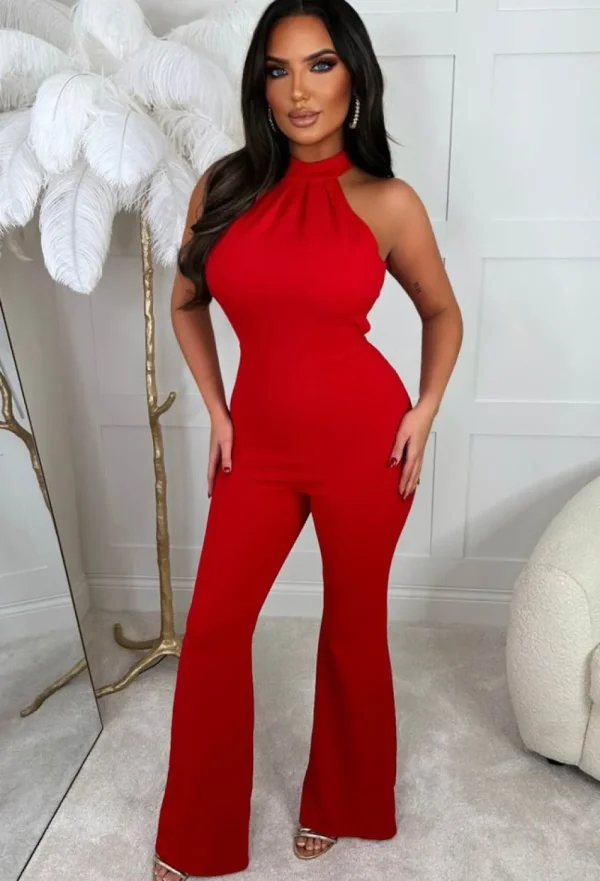 CITY GODDESS Risk It All Red Halterneck Open Back Flared Jumpsuit<Women Jumpsuits