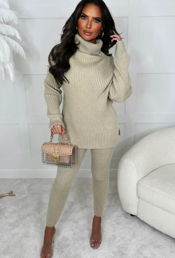 STYLEWISE Roll Into Love Beige Chunky Ribbed Roll Neck Knitted Loungewear Co Ord Set<Women Gifts