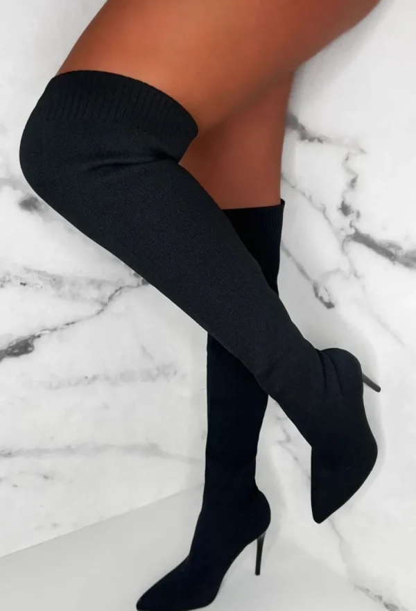 IDEAL SHOES Roxxie Black Stretch Knit Over The Knee Boots<Women Boots