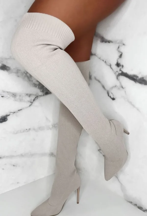 IDEAL SHOES Roxxie Cream Stretch Knit Over The Knee Boots<Women Boots