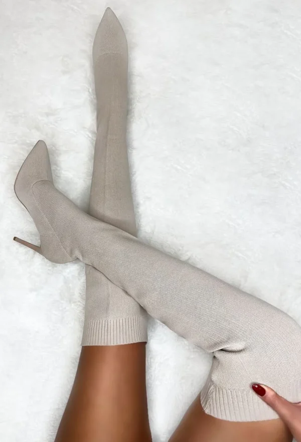 IDEAL SHOES Roxxie Cream Stretch Knit Over The Knee Boots<Women Boots