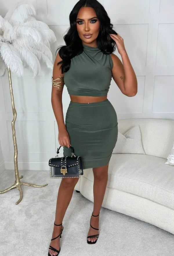 SOFT TOUCH Ruched Rebel Khaki Stretch Slinky High Neck Ruched Mini Co-Ord Set<Women Co-Ords