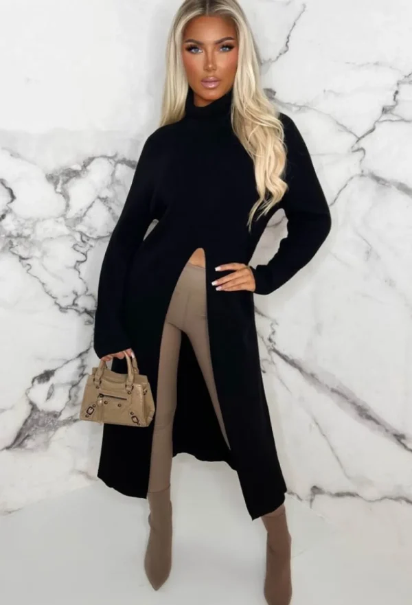 INSTA GIRL Rules Of Love Black Super Soft Roll Neck Front Slit Jumper<Women Tops