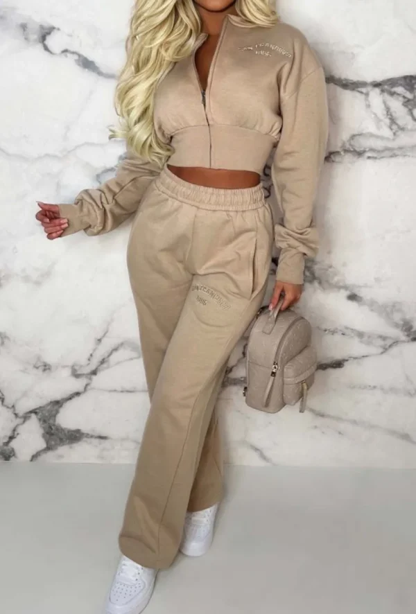 STYLEWISE San Fran Dreaming Beige Embroided Cropped Baseball Collar Two Piece Loungewear Set<Women Loungewear