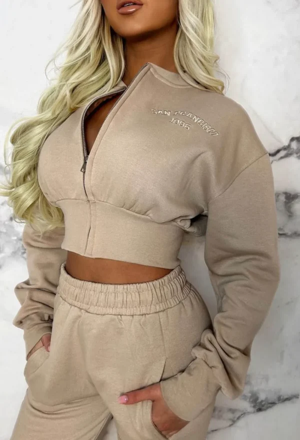 STYLEWISE San Fran Dreaming Beige Embroided Cropped Baseball Collar Two Piece Loungewear Set<Women Loungewear