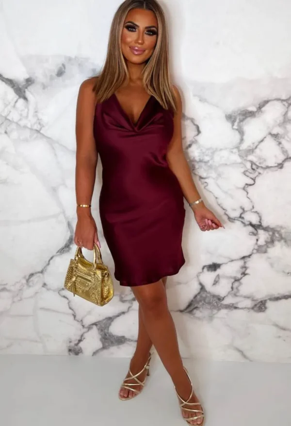 FORELLA Satin Luxury Wine Satin Drape Cowl Neck Mini Dress<Women Dresses