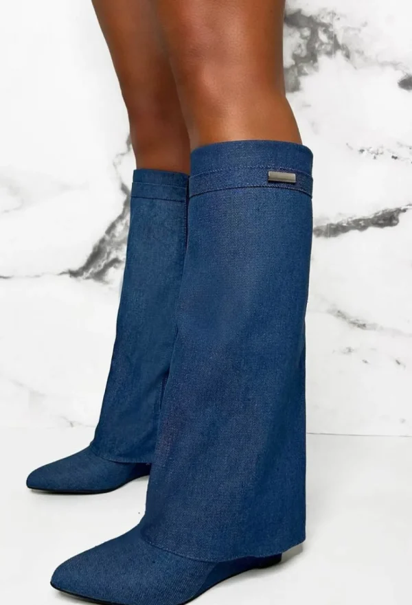 IDEAL SHOES Sending My Best Mid Blue Denim Fold Over Knee High Boots<Women Boots