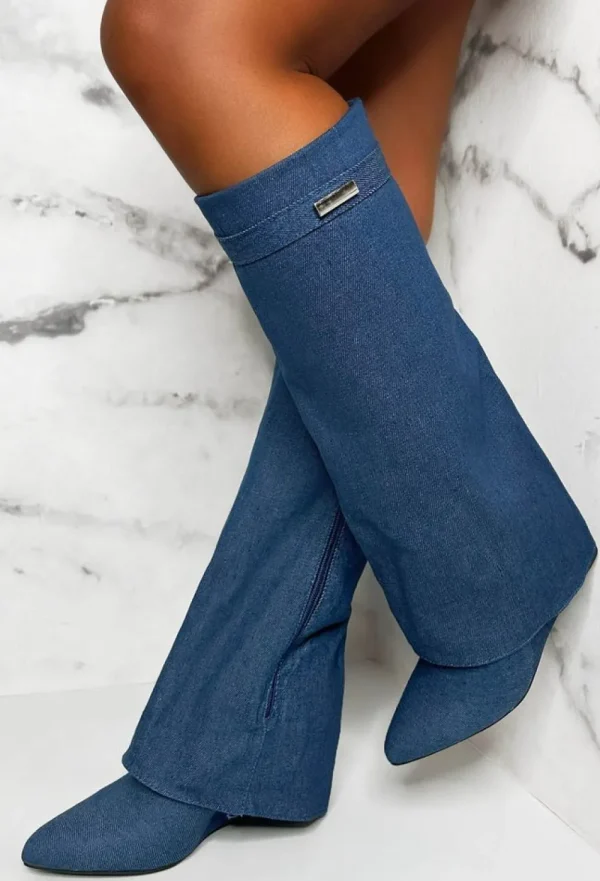 IDEAL SHOES Sending My Best Mid Blue Denim Fold Over Knee High Boots<Women Boots