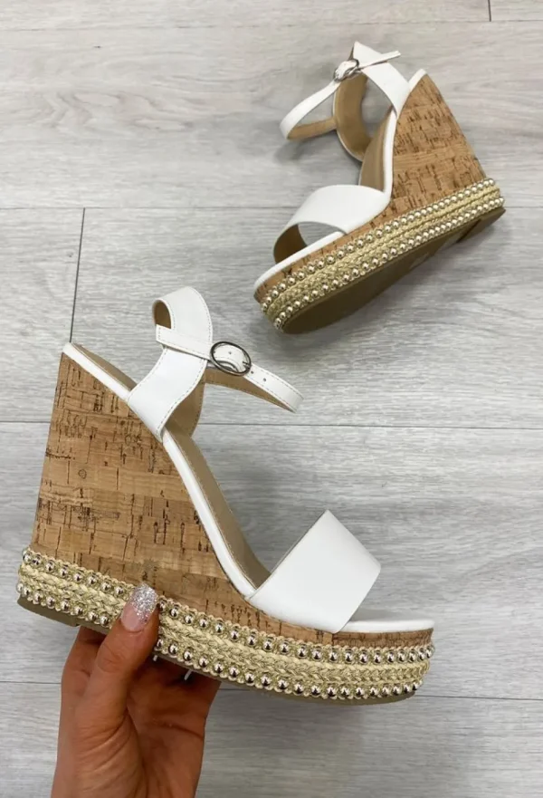 PINK BOUTIQUE UK Senorita White Cork Studded Wedges<Women High Heels