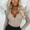 GIORGIA Set The Vibe Beige Rib Knit Plunge Button Bodysuit<Women Bodysuits