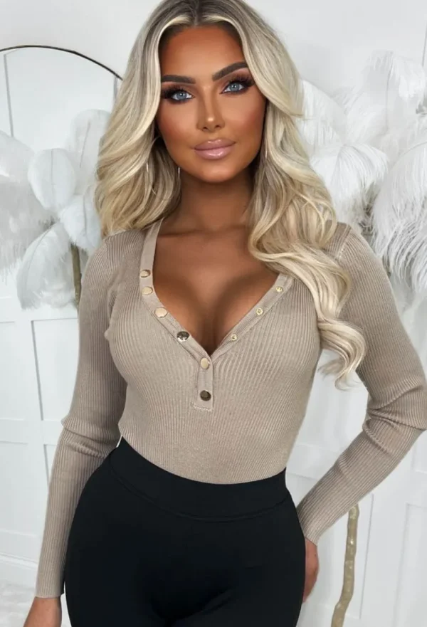 GIORGIA Set The Vibe Beige Rib Knit Plunge Button Bodysuit<Women Bodysuits