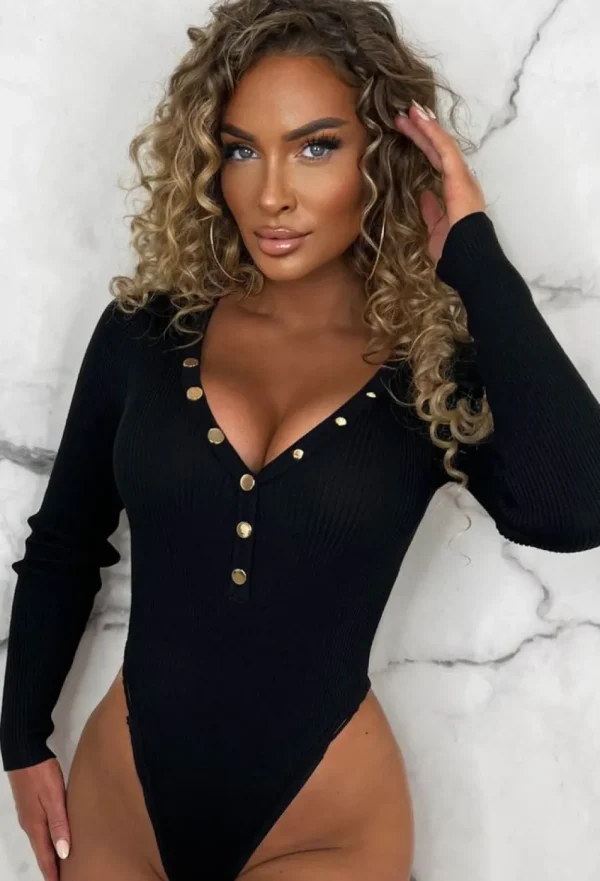 GIORGIA Set The Vibe Black Rib Knit Plunge Button Bodysuit<Women Bodysuits