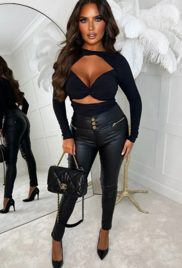 SOFT TOUCH Sexy Couture Black Stretch Cut Out Bodysuit<Women Tops