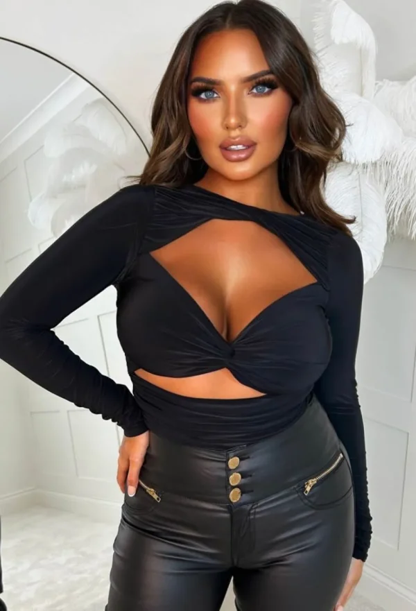 SOFT TOUCH Sexy Couture Black Stretch Cut Out Bodysuit<Women Tops