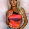 SOFT TOUCH She'S A Ten Orange Sunset Print One Shoulder Ruched Stretch Top<Women Tops