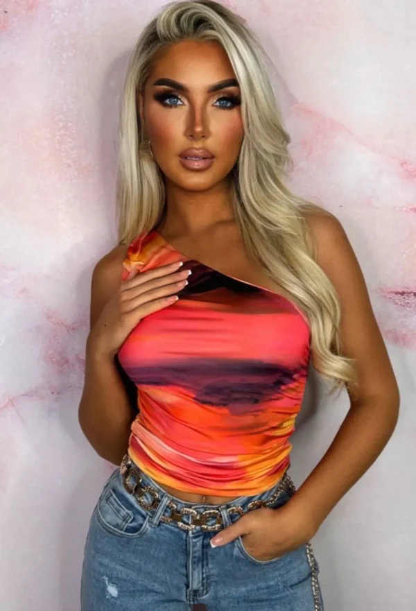 SOFT TOUCH She'S A Ten Orange Sunset Print One Shoulder Ruched Stretch Top<Women Tops