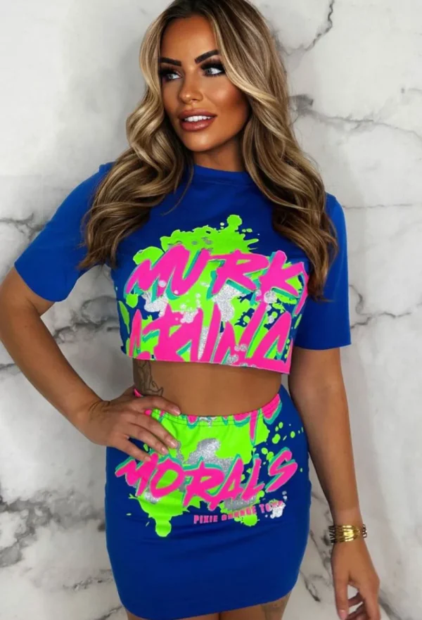 STYLEWISE She'S Fearless Blue Neon T-Shirt Co-Ord Set<Women Co-Ords