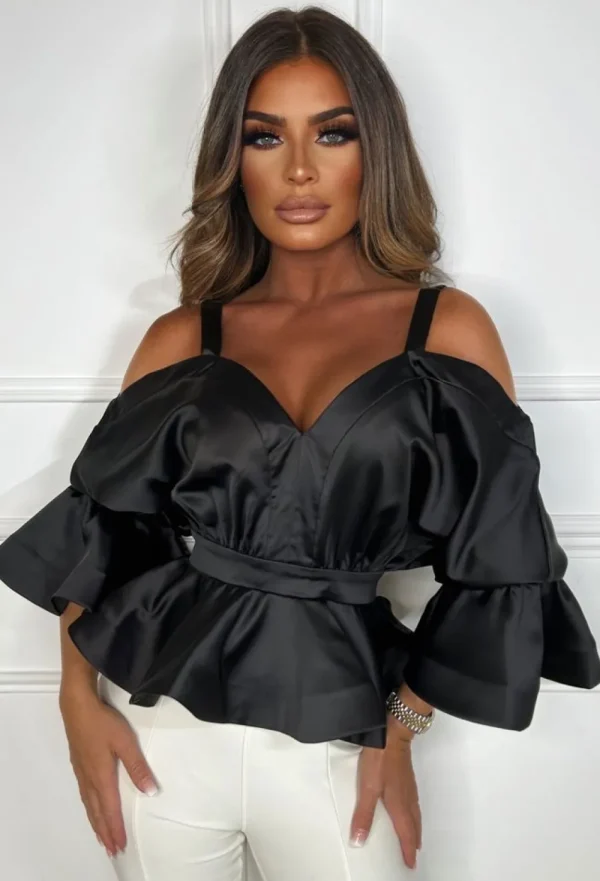 BABEZ She'S Something Black Satin Peplum Top<Women Crop Tops & Bralets