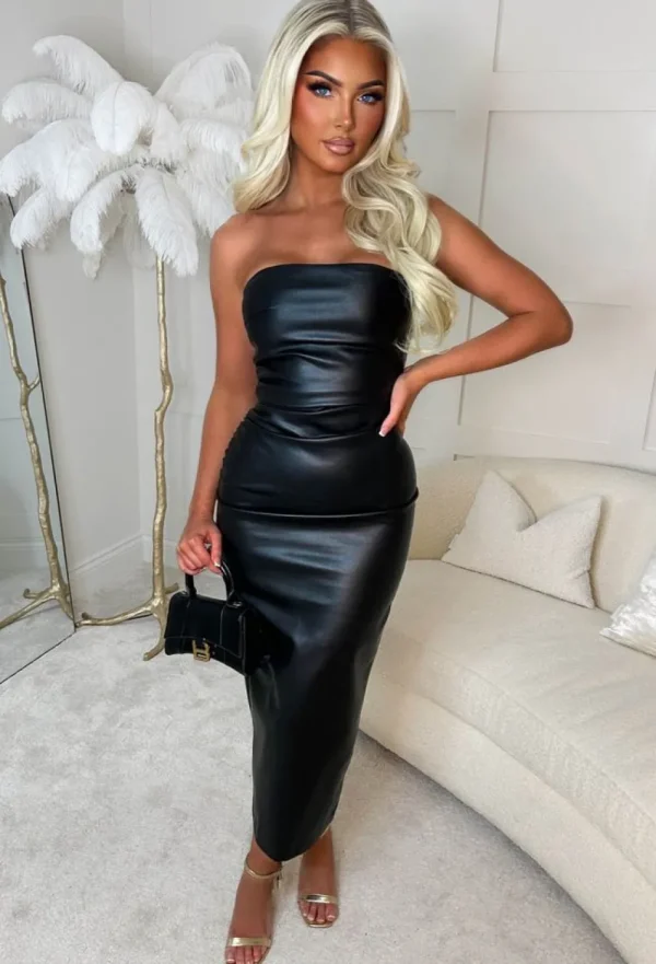 BABEZ She'S Trending Black Ruched Side Faux Leather Bandeau Midi Dress<Women Dresses