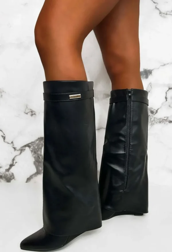 IDEAL SHOES Signature Shark Black Faux Leather Fold Over Knee High Boots<Women Boots