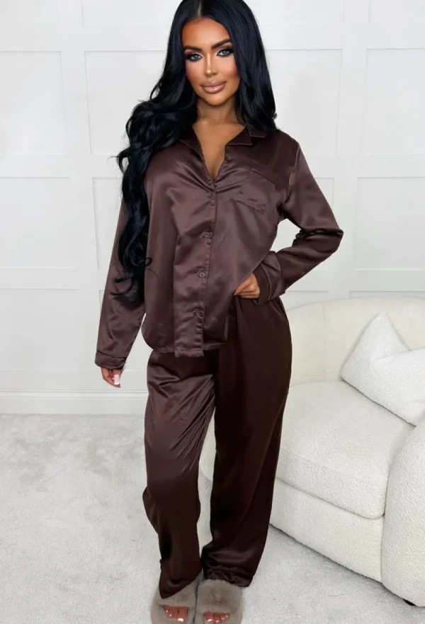 CONTINENTAL Silky Slumber Chocolate Brown Long Sleeve Button Up Satin Pyjama Set<Women Nightwear