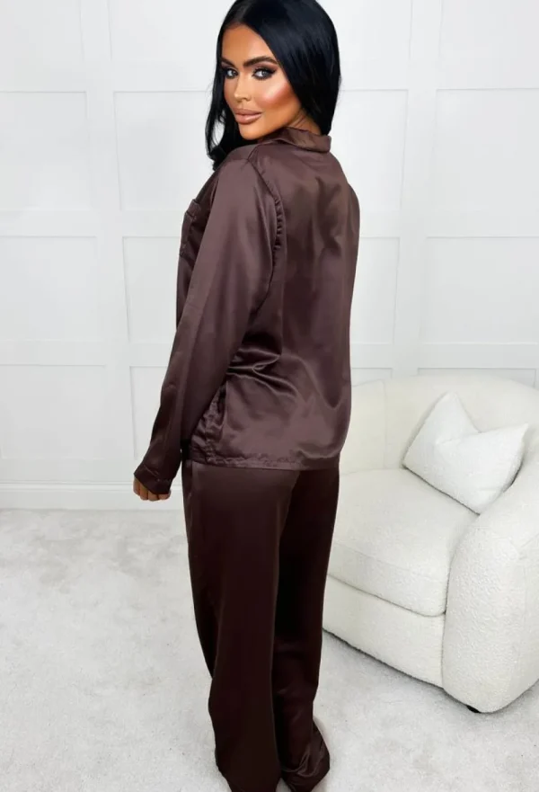 CONTINENTAL Silky Slumber Chocolate Brown Long Sleeve Button Up Satin Pyjama Set<Women Nightwear