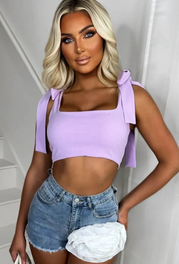 SOFT TOUCH Special Love Lilac Bow Strap Square Neck Crop Top<Women Tops