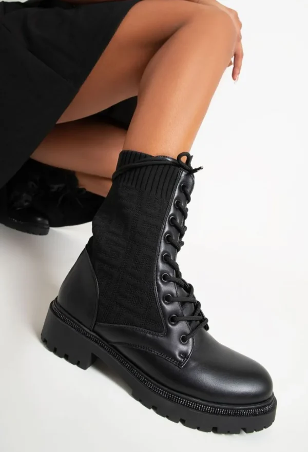 ERYNN SHOES Spoil Myself Black Diamante Detail Lace Up Knit Ankle Boots<Women Boots