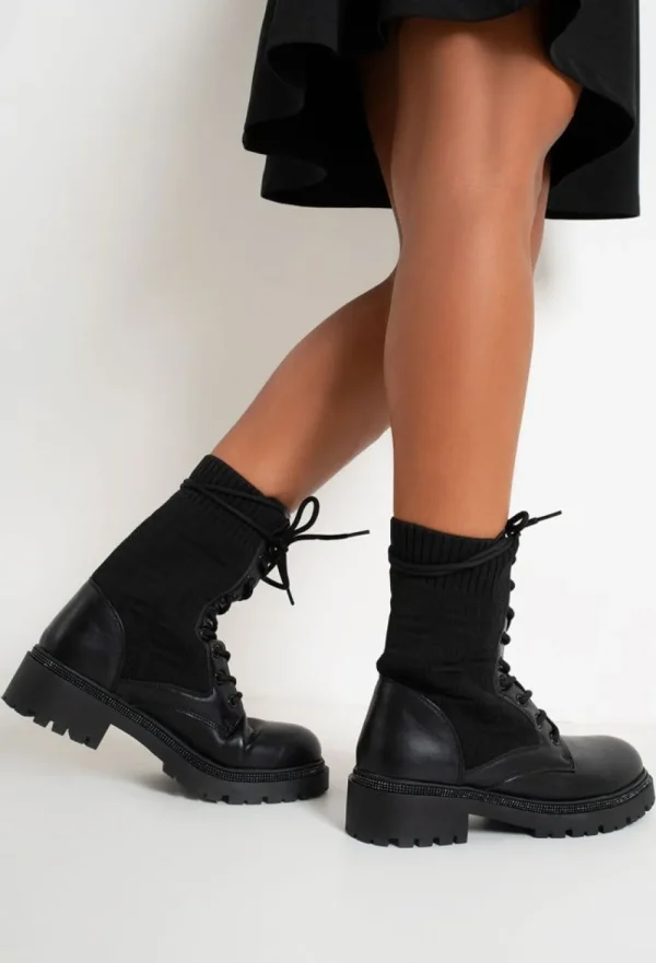 ERYNN SHOES Spoil Myself Black Diamante Detail Lace Up Knit Ankle Boots<Women Boots