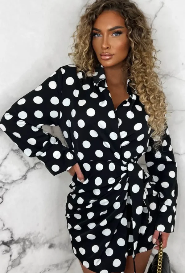 CC FASHION Spot The Difference Black Polka Dot Long Sleeve Wrap Style Mini Dress<Women Dresses