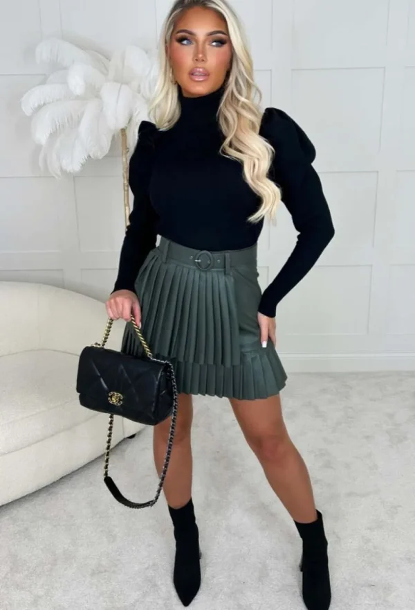 BE YOU Stay Chic Khaki Belted & Pleated Double Layer Pu Skirt<Women Skirts