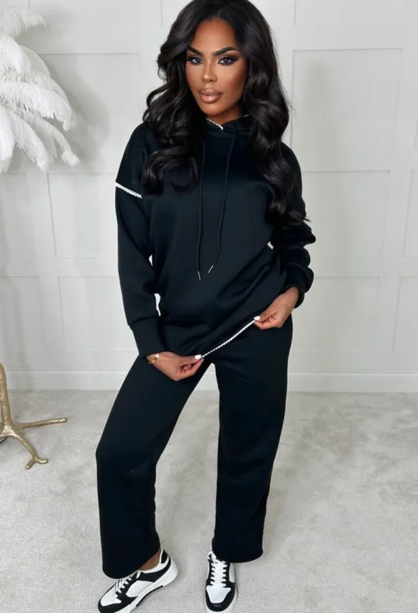 STYLEWISE Stitch In Time Black Two Piece Stitch Trim Hooded Loungewear Set<Women Loungewear