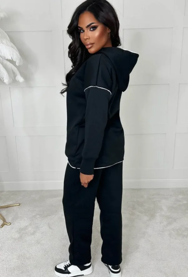 STYLEWISE Stitch In Time Black Two Piece Stitch Trim Hooded Loungewear Set<Women Loungewear