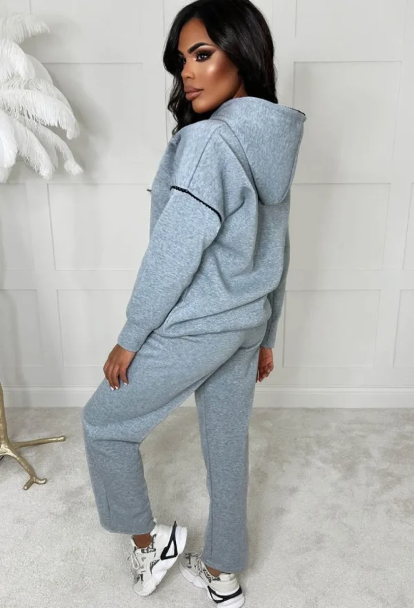 STYLEWISE Stitch In Time Grey Two Piece Stitch Trim Hooded Loungewear Set<Women Loungewear