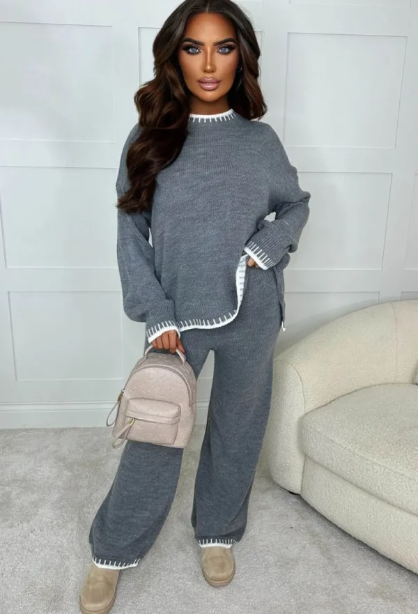 INSTA GIRL Stitched Up Grey Marl Contrast Stitch Two Piece Loungewear Set<Women Loungewear