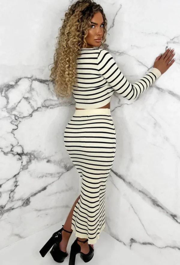 LEA MODE Stripe Sensation Beige Striped Long Sleeve Knitted Midi Skirt Co-Ord Set<Women Co-Ords