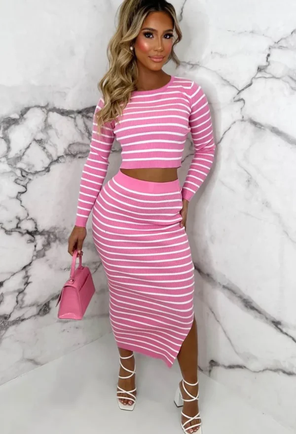 LEA MODE Stripe Sensation Pink Striped Long Sleeve Knitted Midi Skirt Co-Ord Set<Women Co-Ords