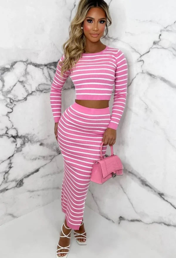 LEA MODE Stripe Sensation Pink Striped Long Sleeve Knitted Midi Skirt Co-Ord Set<Women Co-Ords