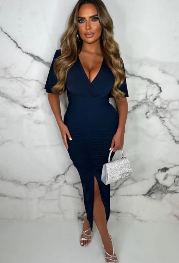 NBA Stylish Doll Navy Super Soft Stretch Slinky Ruched Front Midi Dress<Women Dresses